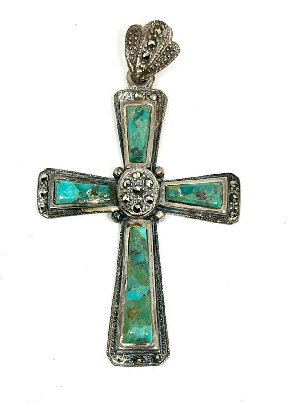 Vintage 925 Sterling Silver & Turquoise Cross Pendant